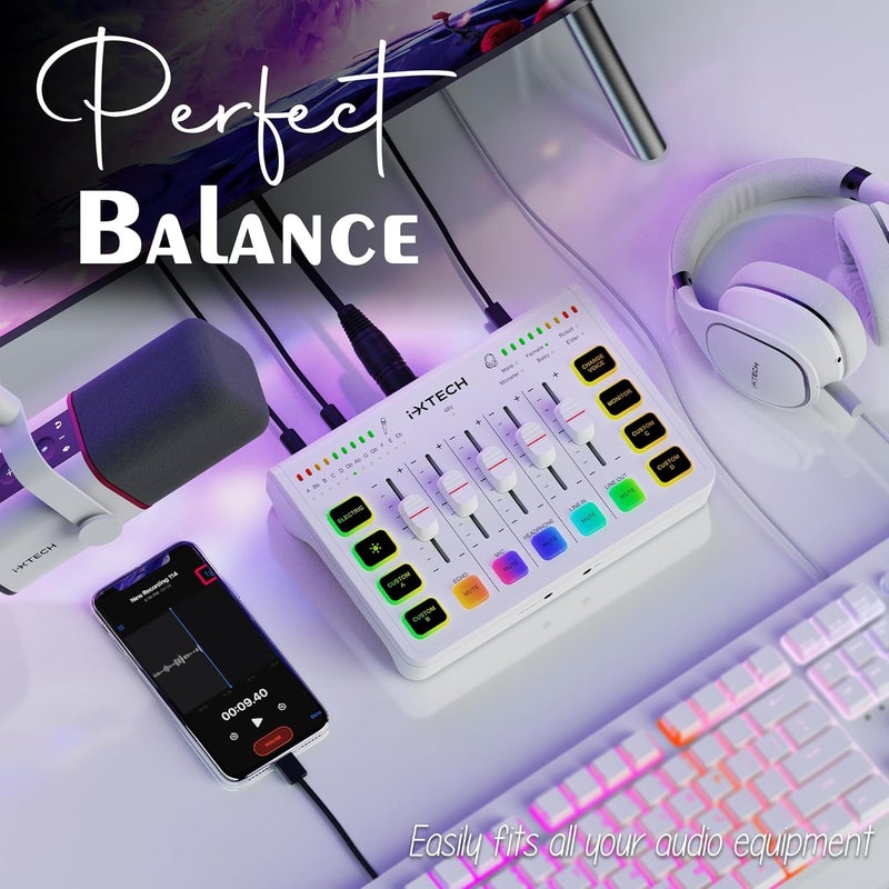 i-XTECH Gaming Audio Mixer 4 Channel Soundboard, Streaming RGB PC Audio Interface with XLR Microphone Support, Audio Equalizer for Gaming Podcast Streaming Karaoke, Individual Volume Controls (White) - Image 3